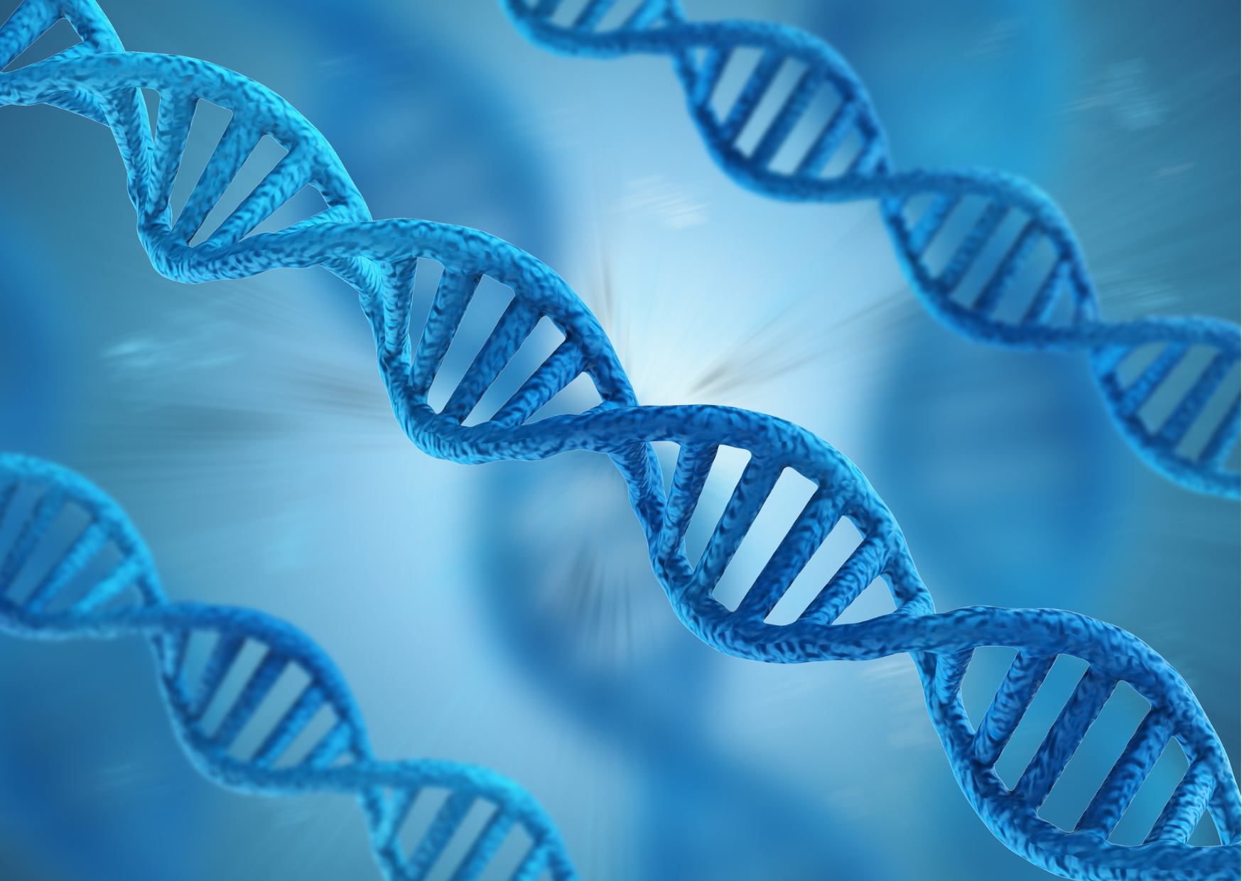 Blue DNA double helix against a soft blue background, symbolizing mitochondrial support and brain health in relation to TMS treatments.